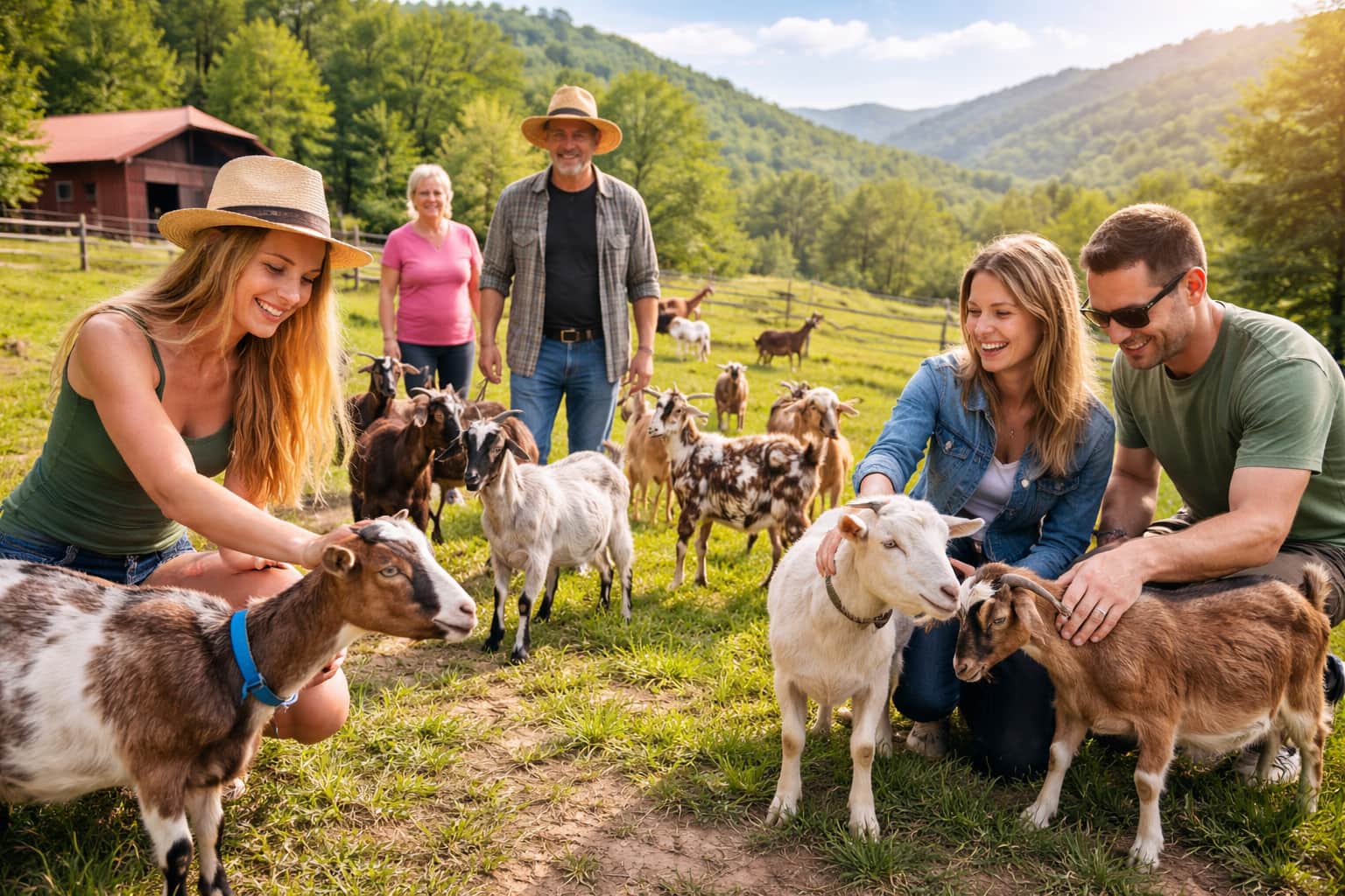 Friendly goats greeting visitors during a guided goat tour at Candy Mountain Goat Farm